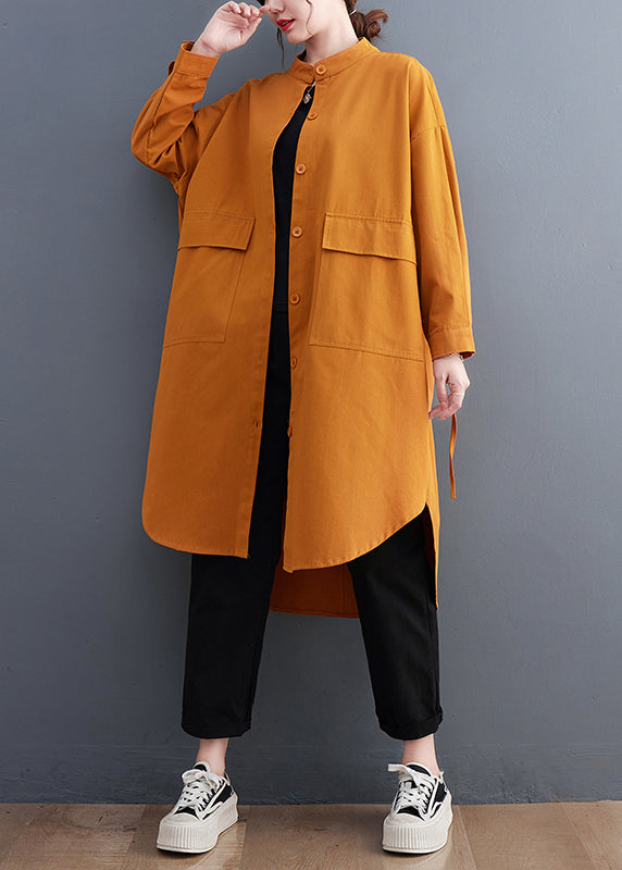 Plus Size Yellow Pockets Button Cotton Shirts Coat Fall