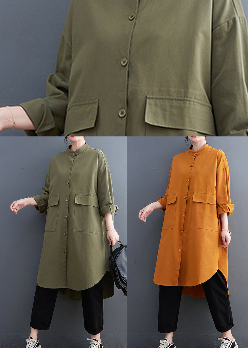 Plus Size Yellow Pockets Button Cotton Shirts Coat Fall