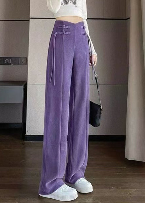 Purple Button Solid Corduroy Pants Elastic Waist Spring