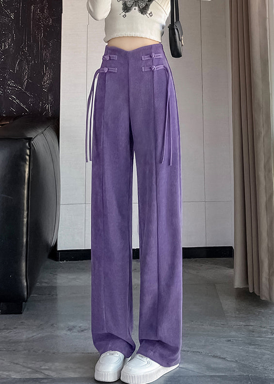 Purple Button Solid Corduroy Pants Elastic Waist Spring