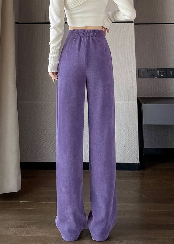 Purple Button Solid Corduroy Pants Elastic Waist Spring