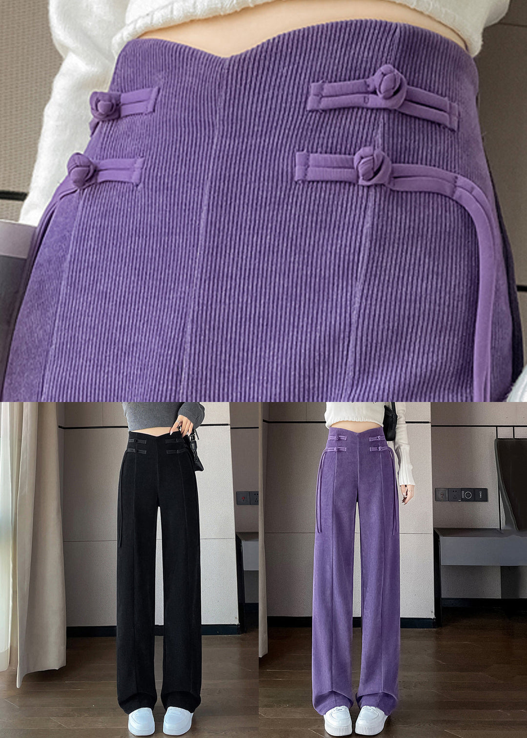 Purple Button Solid Corduroy Pants Elastic Waist Spring