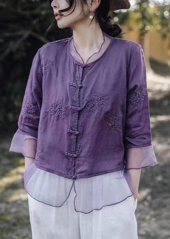 Purple Button Tulle Patchwork Blouses Embroidered Summer