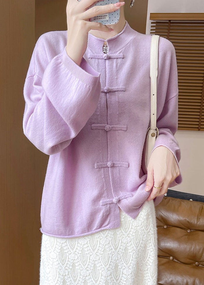 Purple Cozy Woolen Knit Coat O Neck Long Sleeve