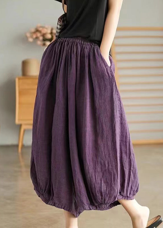 Gray Flowers Elastic Waist Linen Wide Leg Pants