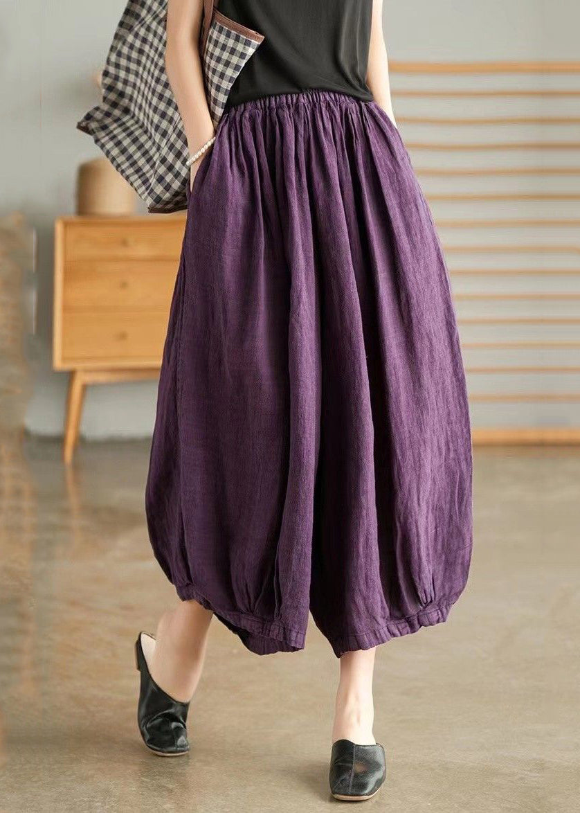 Purple Elastic Waist Linen Wide Leg Pants