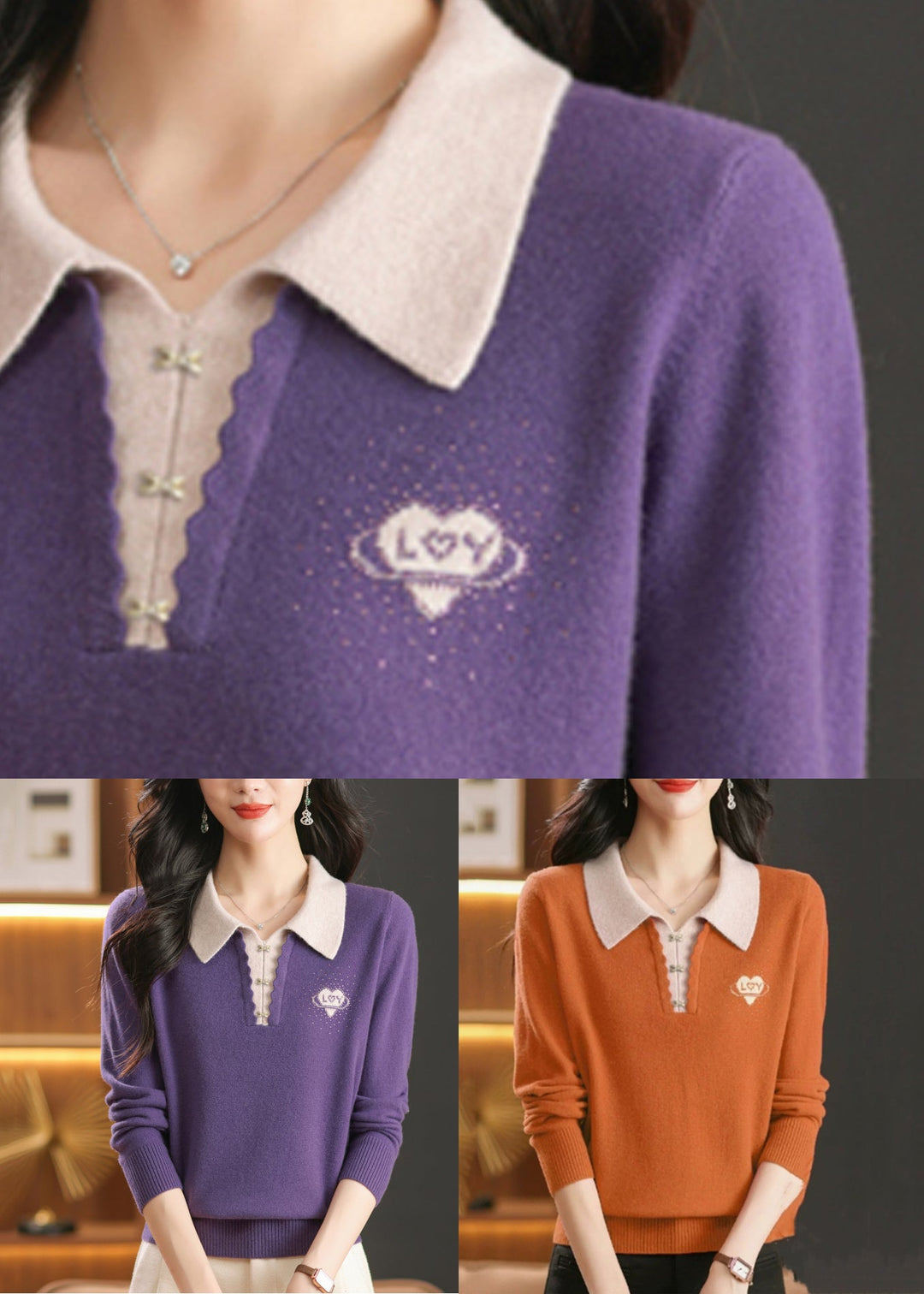 Purple False Two Pieces Wool Knit Sweaters Peter Pan Collar Winter