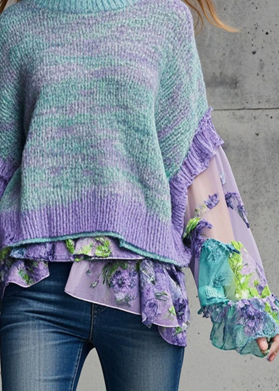 Purple Patchwork Chiffon Knitted Tops Asymmetrical Fall