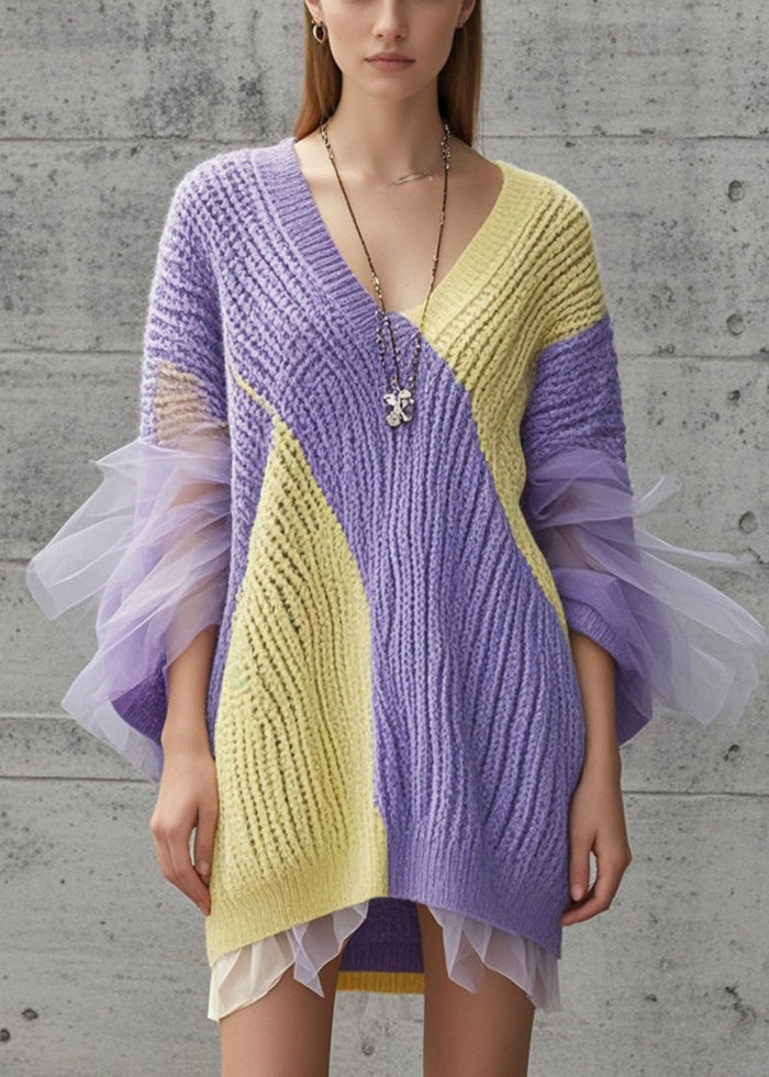 Purple Patchwork Tulle Sweater Dress V Neck Fall