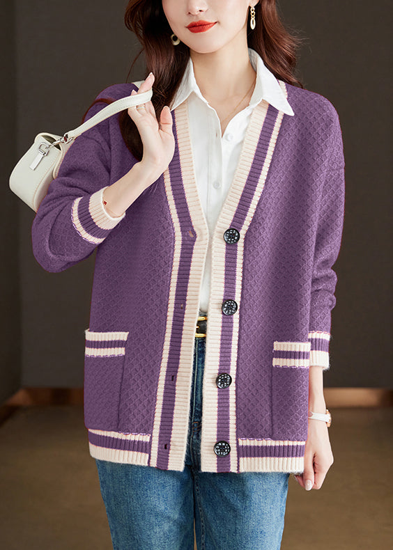 Purple Pockets Cozy Patchwork Knit Fall Cardigan V Neck