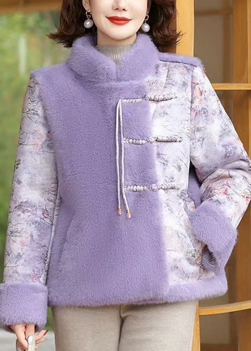 Purple Pockets Patchwork Mink Velvet Coat Stand Collar Winter