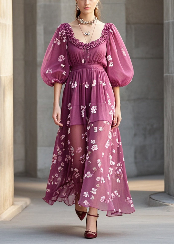 Purple Print Chiffon Robe Dresses Ruffled Lantern Sleeve