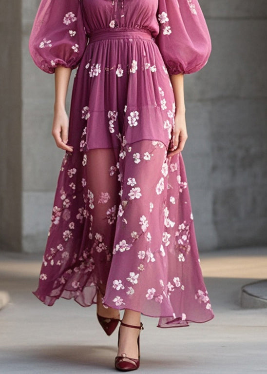 Purple Print Chiffon Robe Dresses Ruffled Lantern Sleeve