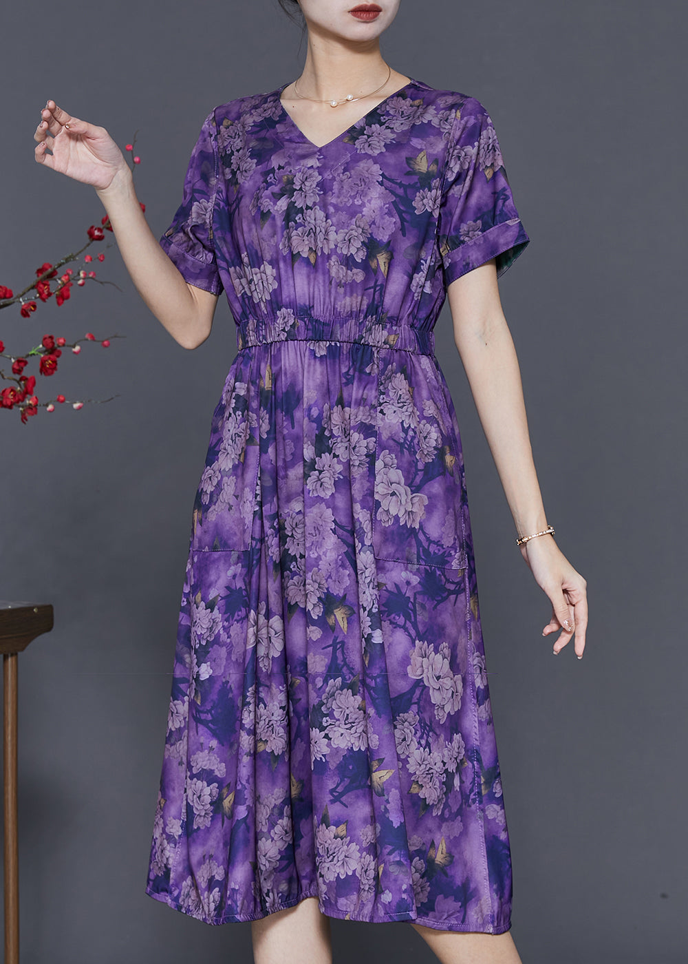 Purple Print Cotton Long Dresses Cinched Summer