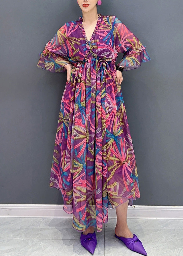 Purple Print Wrinkled Chiffon Long Dresses Half Sleeve