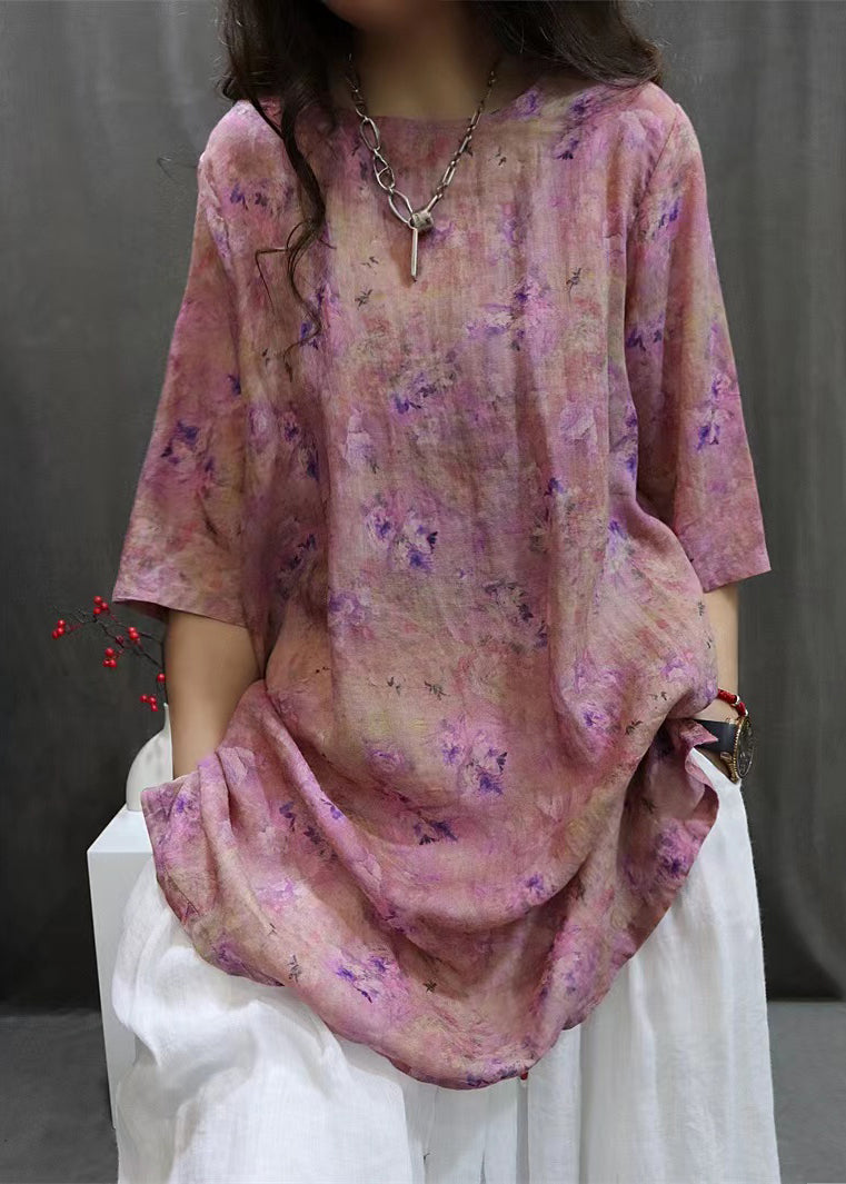 Purple Side Open Linen Blouse O-Neck Summer