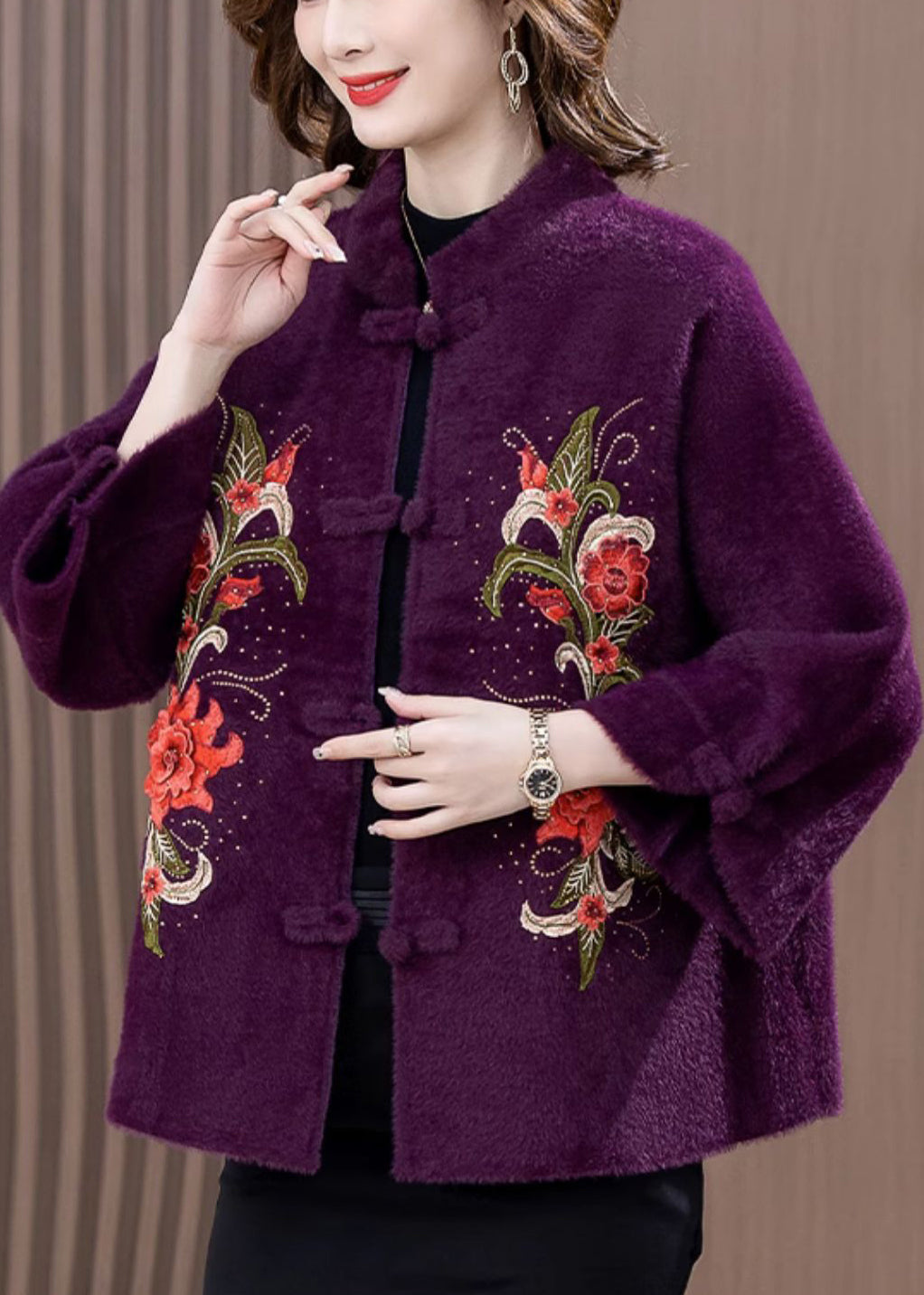 Purple Zircon Embroidered Mink Velvet Spring Coat Stand Collar