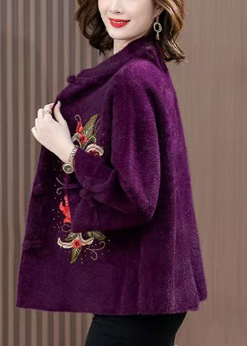 Purple Zircon Embroidered Mink Velvet Spring Coat Stand Collar