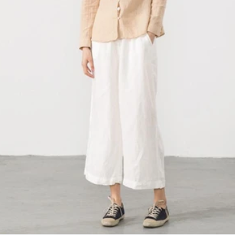 White Solid Color Linen Trousers White Women Slacks Pants