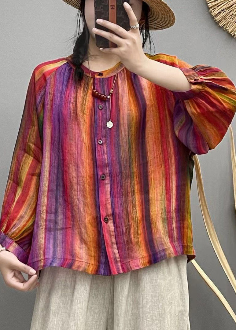 Rainbow Button Patchwork Linen Blouses O Neck Spring