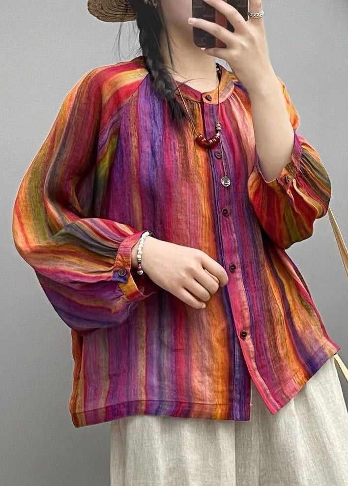 Rainbow Button Patchwork Linen Blouses O Neck Spring