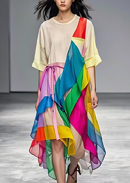 Rainbow Patchwork Tulle Long Dress Asymmetrical Summer