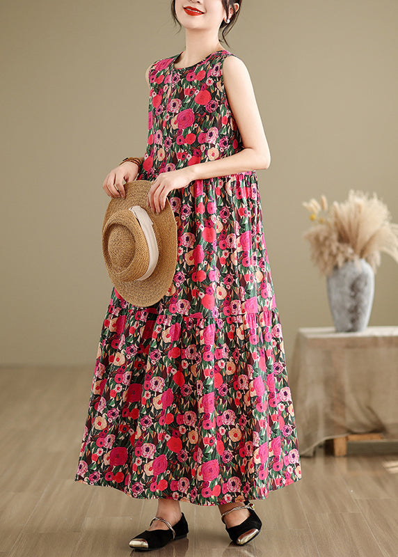 Red Button Patchwork Cotton Long Dress O Neck Summer