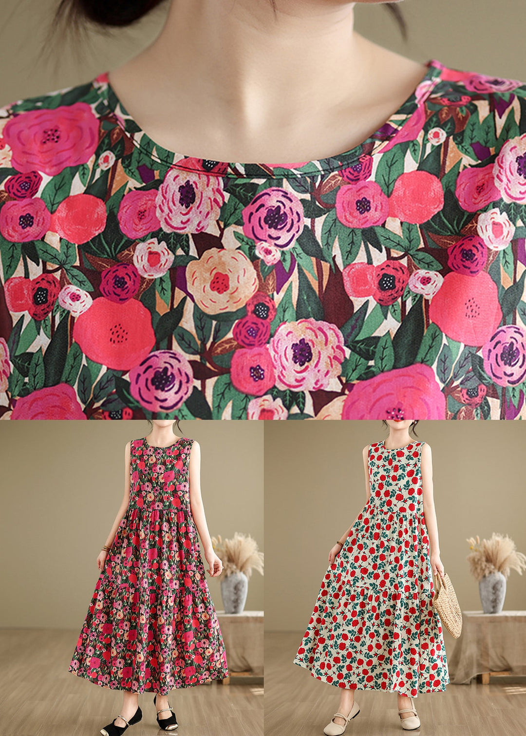 Red Button Patchwork Cotton Long Dress O Neck Summer