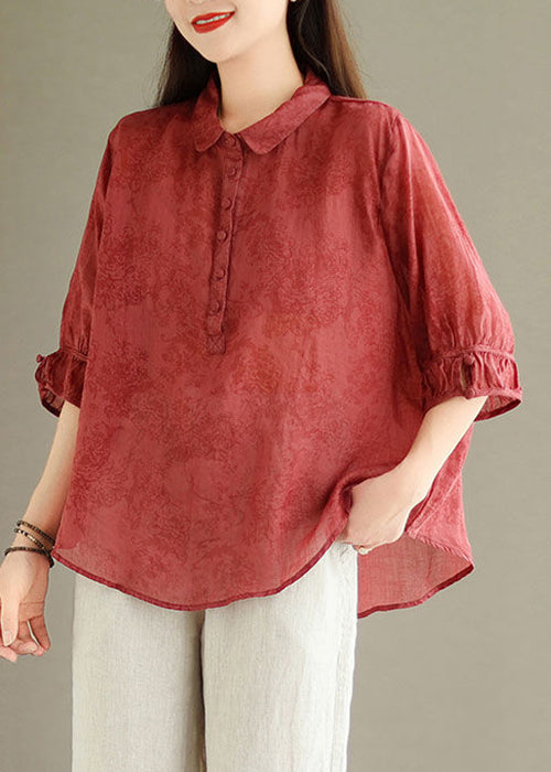 Red Button Print Linen Blouses Peter Pan Collar Summer