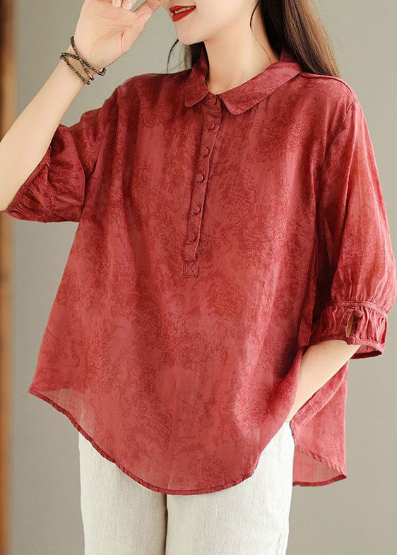 Red Button Print Linen Blouses Peter Pan Collar Summer