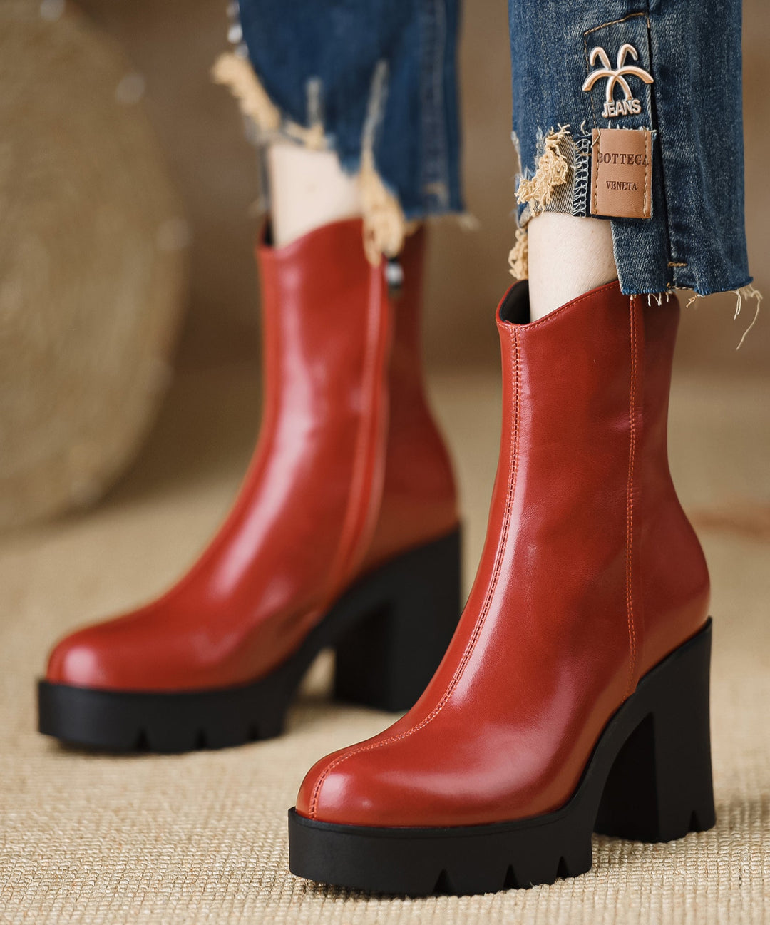 Red Handmade Chunky Cowhide Leather Women Splicing Boots