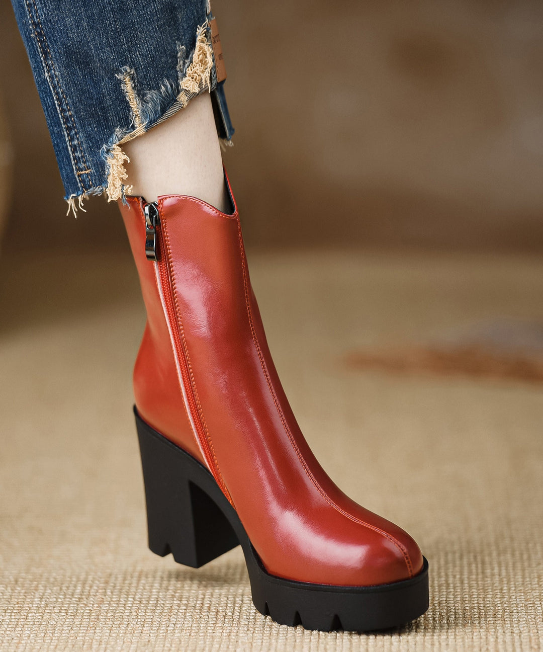 Red Handmade Chunky Cowhide Leather Women Splicing Boots