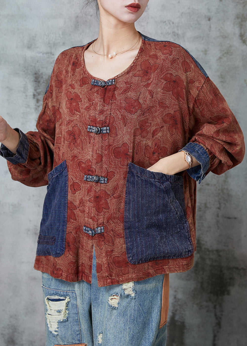 Red Patchwork Linen Oriental Blouses Print Pockets Spring