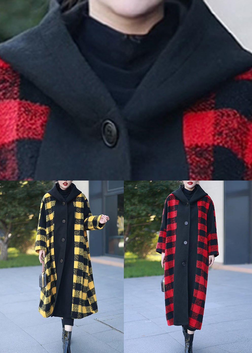 Red Plaid Patchwork Woolen Long Coats Hooded Winter