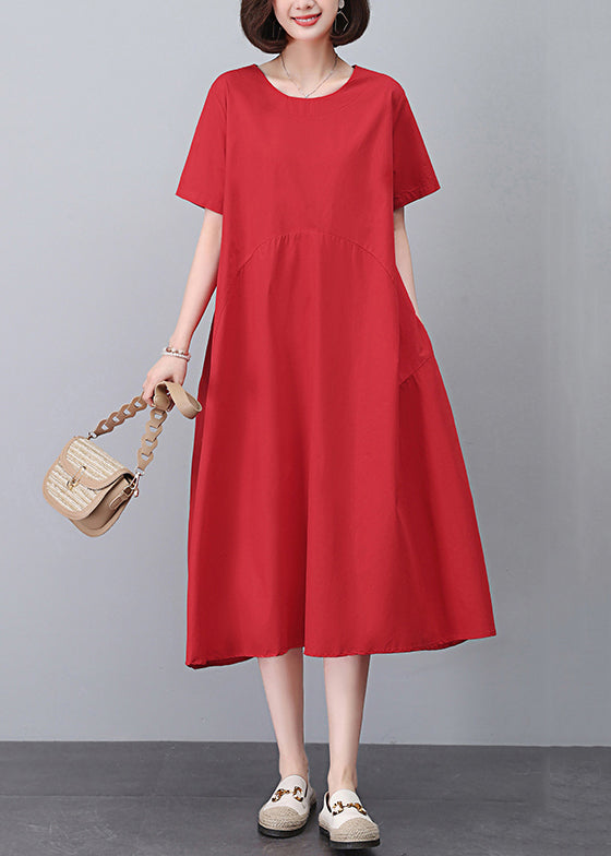 Red Pockets Solid Cotton Dress O Neck Short Sleeve