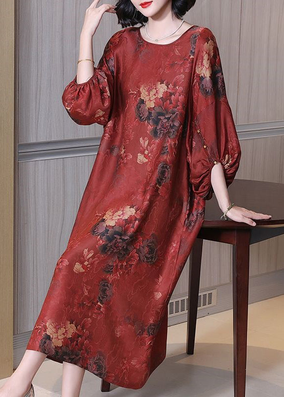 Red Print Button Silk Long Dress O Neck Half Sleeve