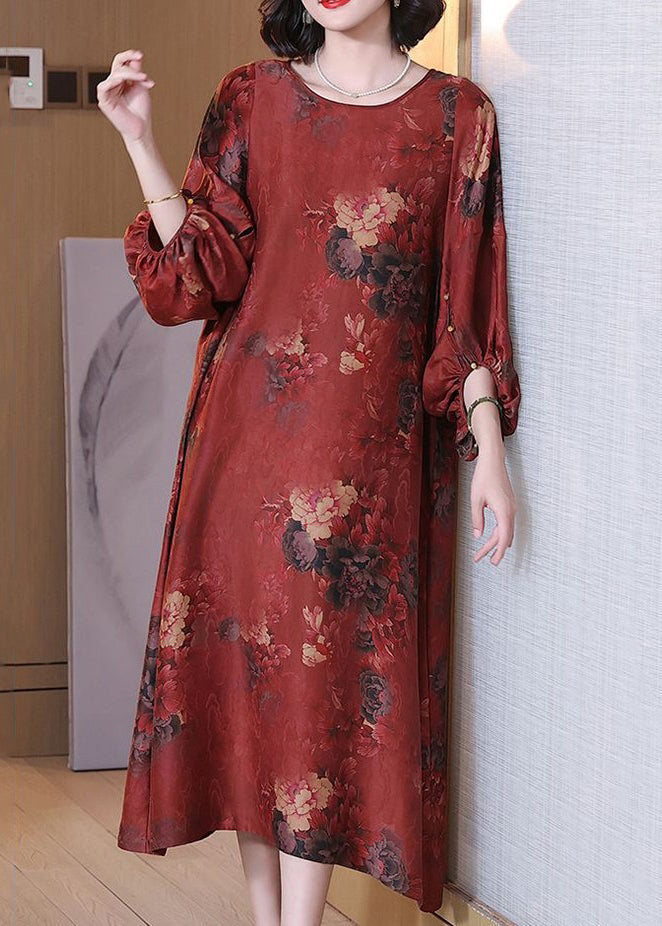 Red Print Button Silk Long Dress O Neck Half Sleeve