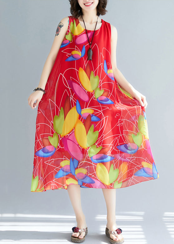 Red Print Chiffon Holiday Dresses O Neck Summer