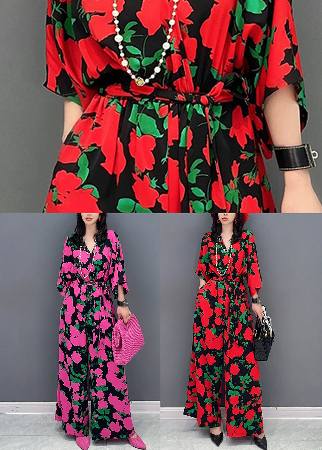 Red Print Chiffon Jumpsuit V Neck Tie Waist Summer