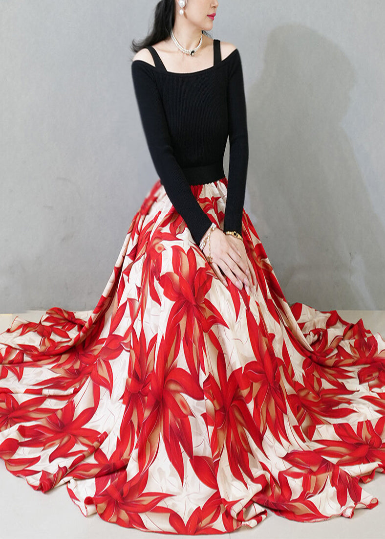 Red Print Chiffon Skirt Exra Large Hem Spring