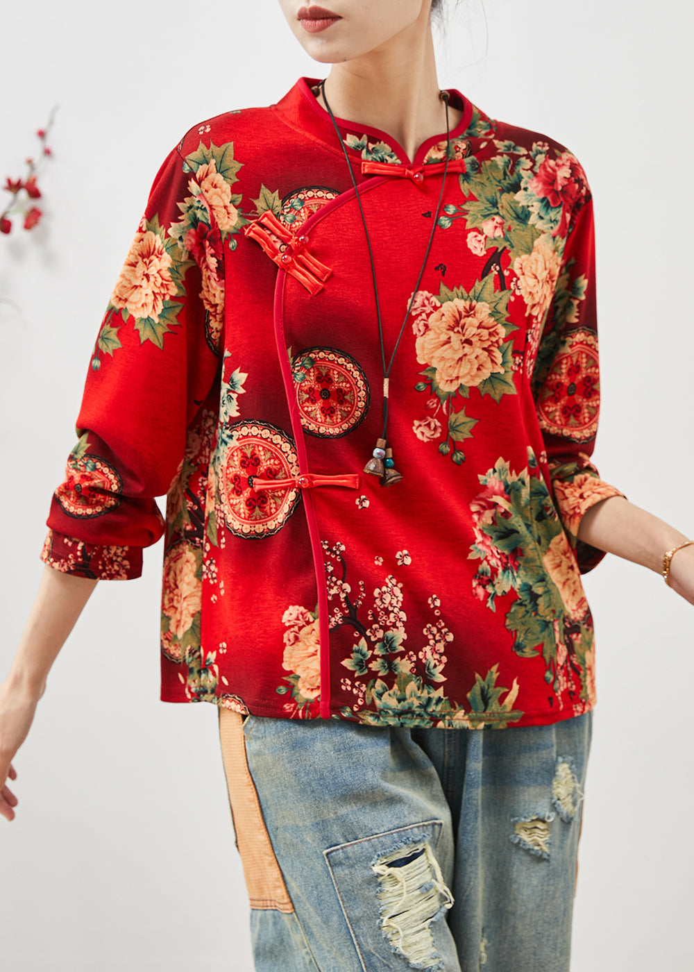 Red Print Cotton Shirts Chinese Style Spring