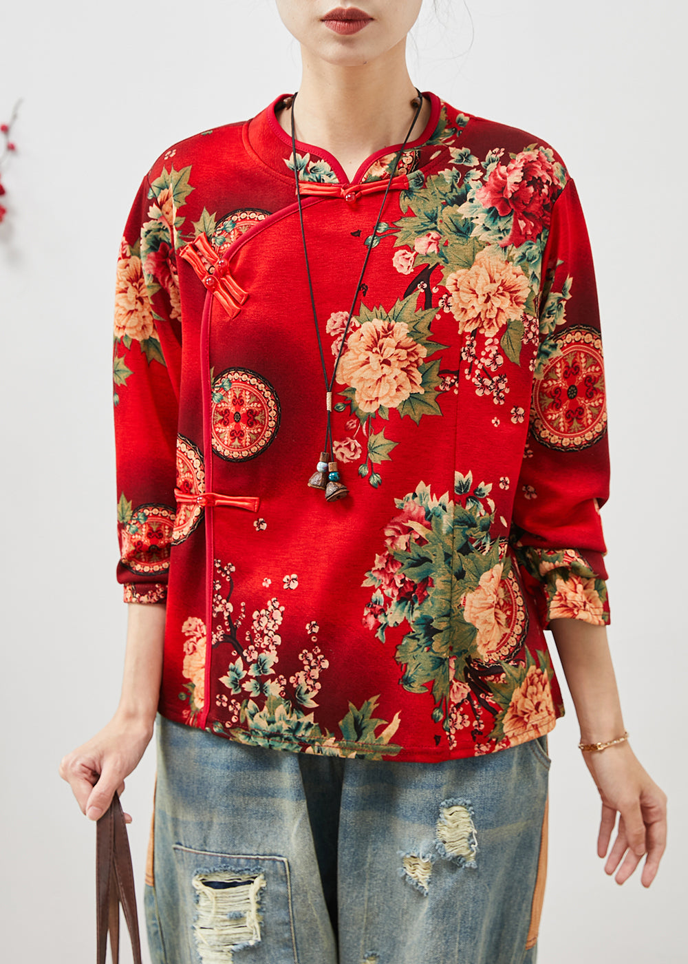 Red Print Cotton Shirts Chinese Style Spring