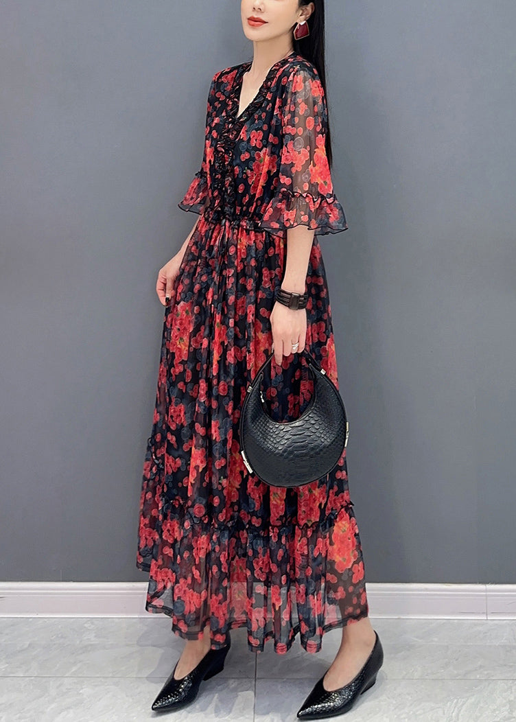 Red Ruffled Patchwork Tie Waist Chiffon Long Dress Half Sleeve