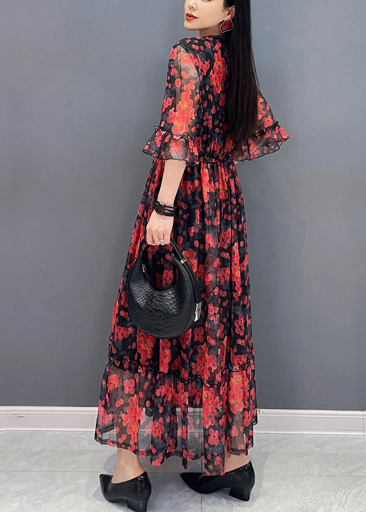 Red Ruffled Patchwork Tie Waist Chiffon Long Dress Half Sleeve