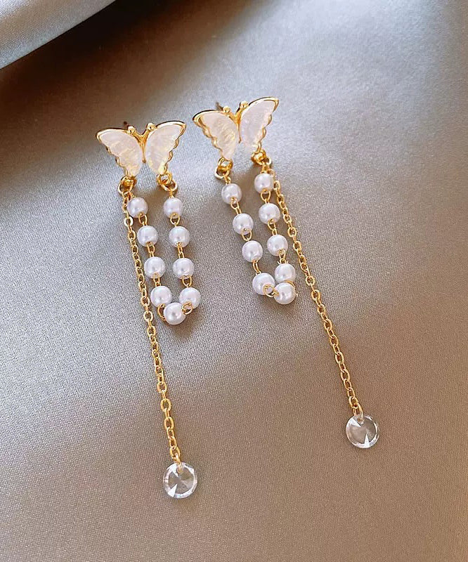 Regular Gold Sterling Silver Overgild Butterfly Pearl Tassel Drop Earrings