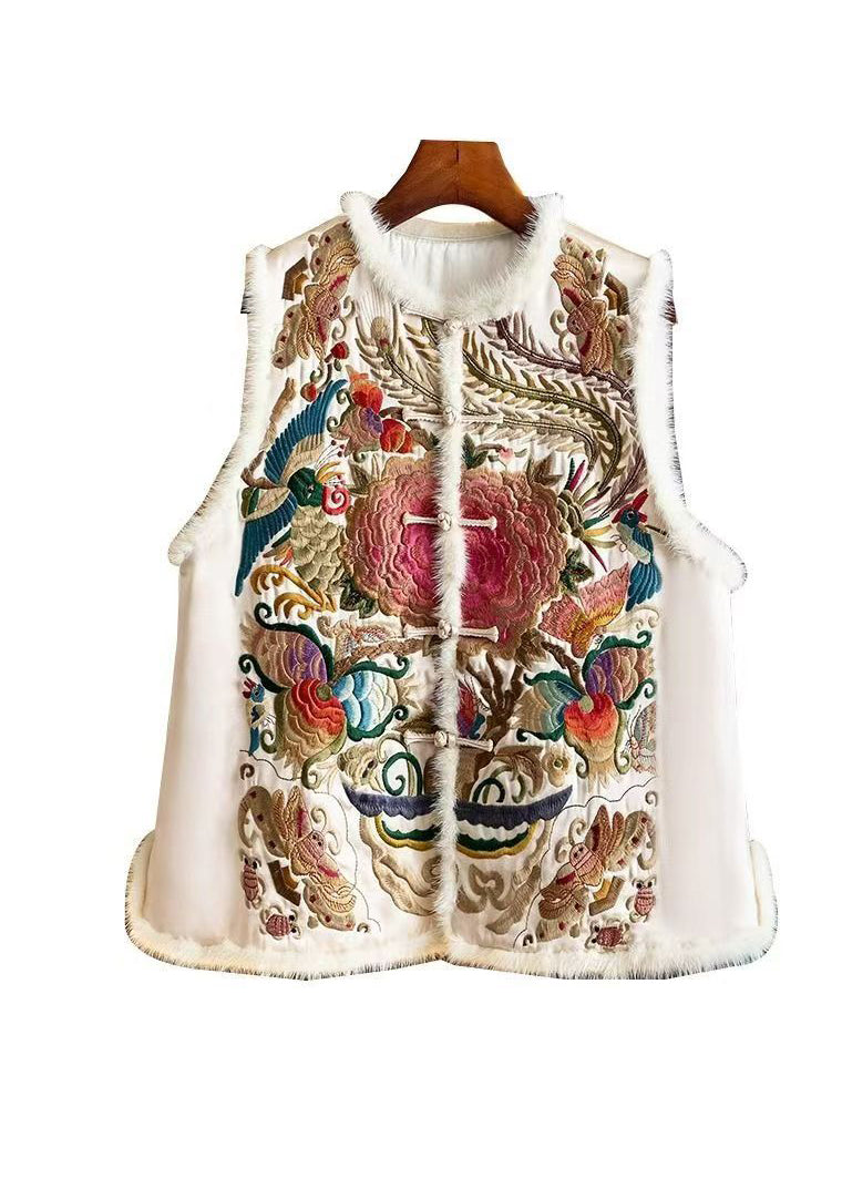 Retro Apricot Embroideried Patchwork Fine Cotton Filled Vest Sleeveless