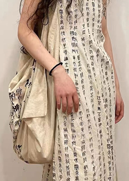 Retro Beige Stand Collar Print Side Open Cotton Dress Sleeveless