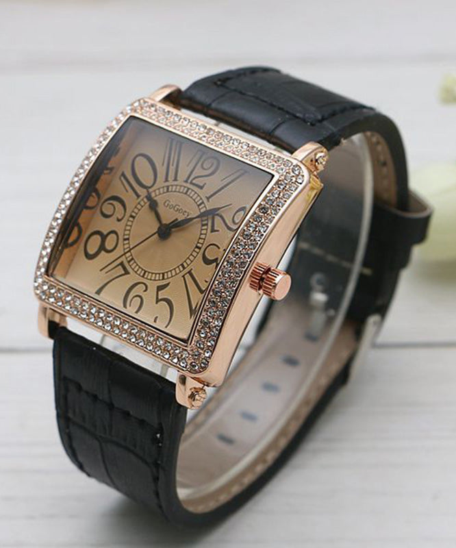 Retro Black Alloy Zircon Faux Leather Sapphire Crystal Waterproof Square Watch