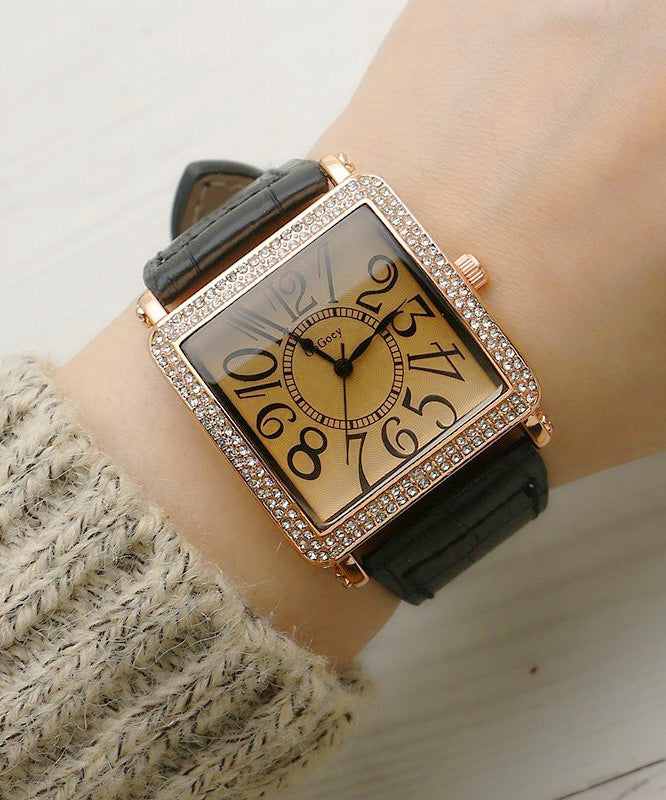 Retro Black Alloy Zircon Faux Leather Sapphire Crystal Waterproof Square Watch