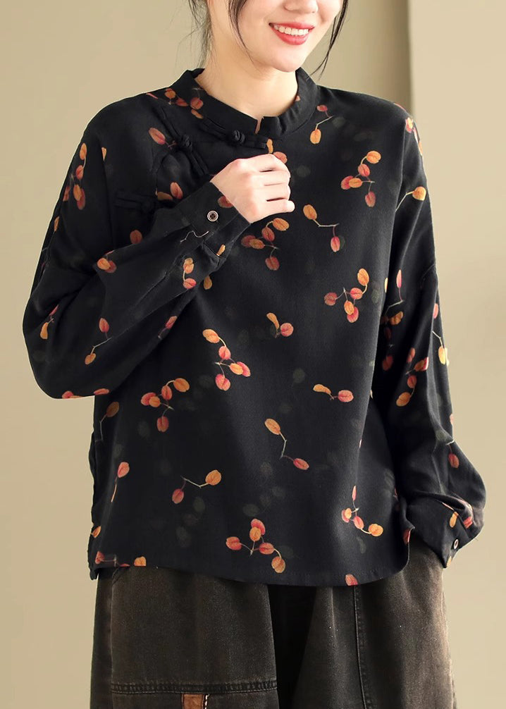 Retro Black Stand Collar Print Oriental Button Cotton Shirt Spring